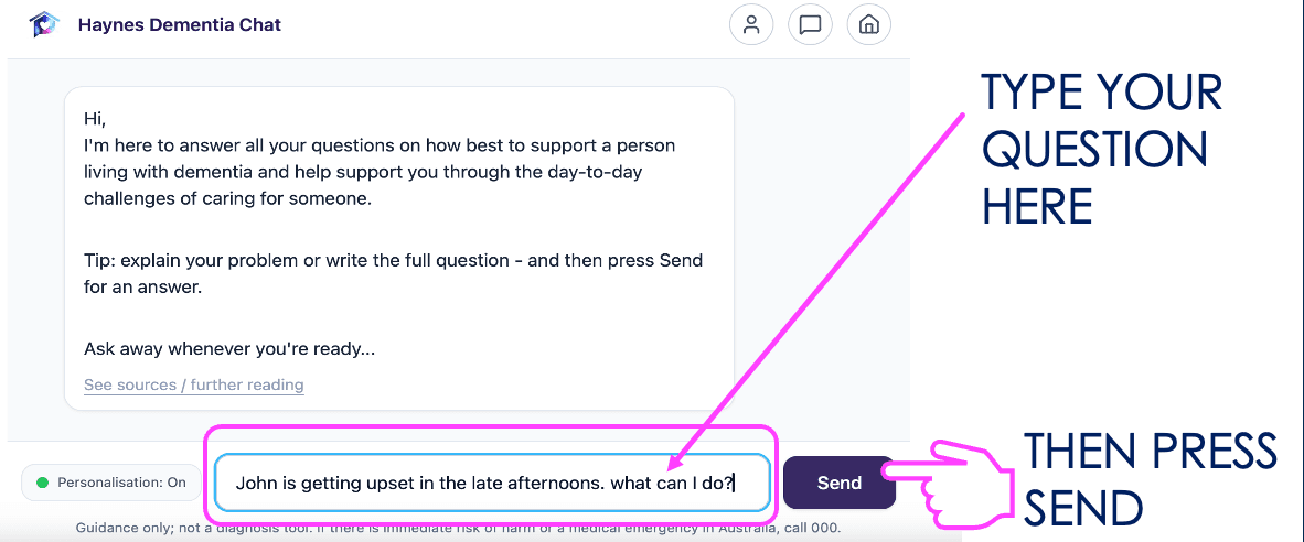 Type a question into the chat, then press send